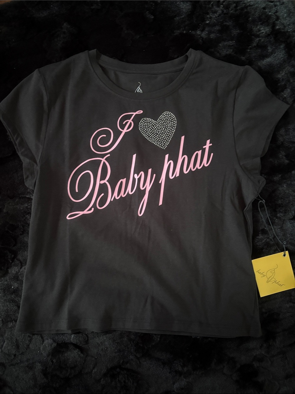 Baby Phat Black Tee with Pink Script Logo and Rhinestone Heart